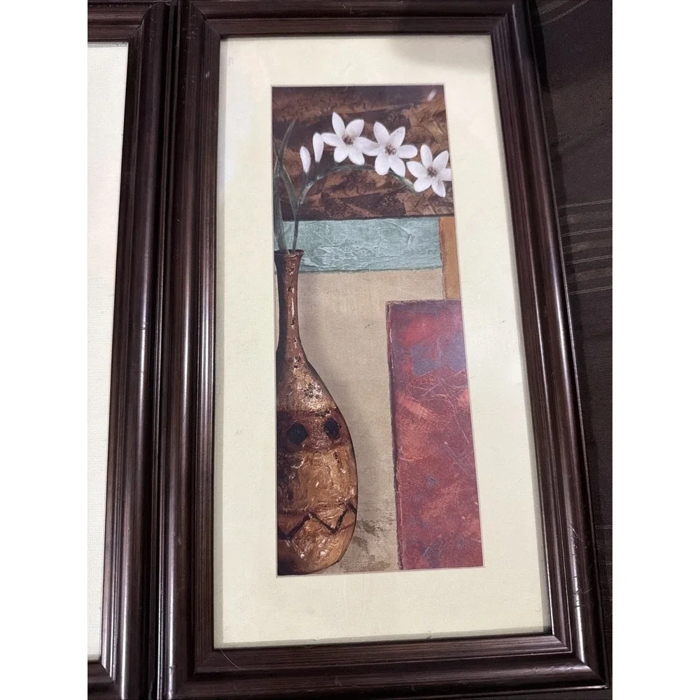 Set of 4 Tuscan Style Wall Art Canvas Diptych & Framed Vase Prints Earthy Tones